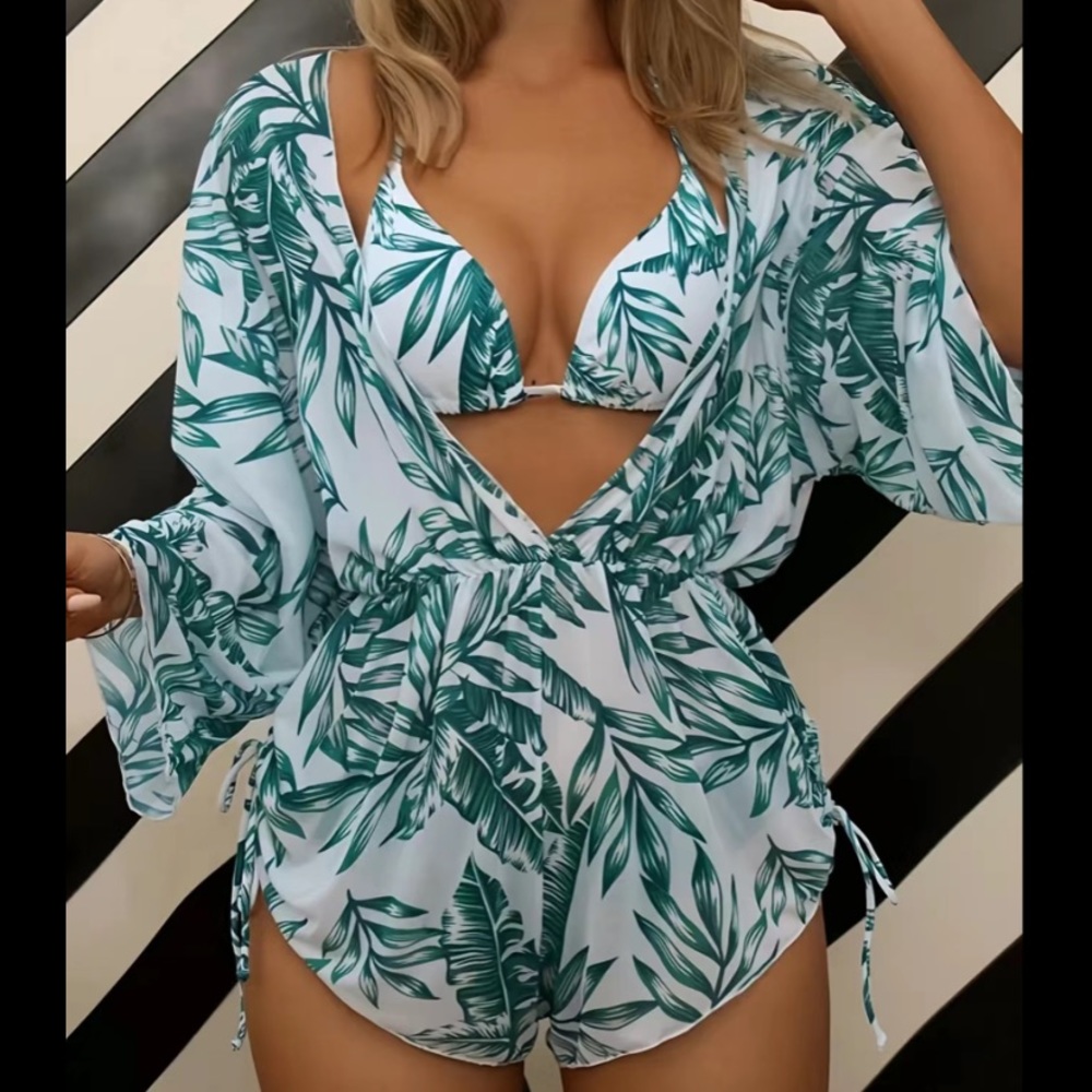 Tropical Triangle Top Bikini Bottoms Matching Romper Cover Up Swim Set Swimsuit - Picture 1 of 16